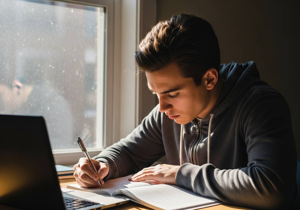 &Eacute;tudiant au bureau le matin