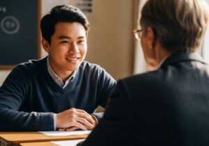 Étudiant saluant l’examinateur