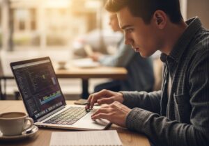 Student editing notes, cafe